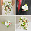 A soft, romantic wedding tableau is presented in four panels, each celebrating a coordinated white, green and red floral story that feels right at home in New Barnet's intimate churches and town halls. In the top-left, the bride is shown from the chest down, her simple white wedding dress textured with fine, understated patterning. Cradled in her hands is a magnificent cascading bouquet: large white oriental lilies flare outward with star-shaped petals, their stamens adding a hint of golden-brown contrast, while long stems of Phalaenopsis orchids trail gracefully down like silken ribbons. A single cream-toned rose rests near the centre, surrounded by vibrant green, round pompon-like blooms, clusters of bright red berries and clouds of tiny white gypsophila that soften every edge. Wisps of greenery and slender grasses add movement, as though a gentle Barnet breeze is passing through. In the top-right panel, a groom or male guest in a charcoal or black suit wears a crisp white shirt and vivid red tie. On his lapel, a small boutonnière perfectly echoes the bouquet: one immaculate white orchid bloom, a touch of green spherical flowers, petite white filler flowers, and a neatly tied red ribbon at the base, suggesting thoughtful coordination from ceremony to reception. The bottom-left frame places this same buttonhole on a pale beige, linen-like fabric, revealing the tactile mix of velvety petals, glossy green leaf and smooth satin ribbon. Finally, the bottom-right panel shows the full cascading bouquet arranged upright in a white woven basket-style vase, set on a bright white surface against a pale grey wall, with three white woven decorative spheres beside it. Altogether, the image reflects a harmonious wedding design that a local New Barnet florist might create for couples celebrating close to home.