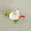 A meticulously crafted white orchid boutonniere lies against a softly textured light beige linen backdrop, the kind of natural fabric you might find on a rustic wedding table in New Barnet. At the heart of the design sits a single pristine Phalaenopsis orchid bloom, its broad, snow-white petals opening in a calm, sculptural curve. The throat of the orchid glows with soft yellow and warm reddish-amber markings, adding depth and character, like subtle brushstrokes on porcelain. Framing this central flower are airy clusters of tiny white baby's breath, their cloud-like blossoms creating a delicate halo that softens the overall look. To the left, two compact lime-green chrysanthemum pom-poms, with their fine, spiky petals, introduce a refreshing burst of colour and a playful texture, suggesting the first new growths of spring along nearby Hadley Common. A deep green leaf rests beneath the orchid, cradling the flowers and giving the piece a sense of structure, while a smaller, darker leaf peeks out near the base to balance the composition. The stems are expertly bound with a vivid crimson red satin ribbon, wrapped smoothly and finished in a neat little knot that adds a confident, celebratory note. The red ribbon stands out boldly against the neutral linen and the cool whites and greens, evoking the quiet excitement of a wedding morning as a groom or groomsman pins this piece to a jacket near New Barnet station. Soft, even lighting falls across the boutonniere, emphasising every petal edge, ribbon fold, and fiber of the cloth, presenting a refined floral accessory perfect for formal events, vows, and cherished photographs.