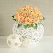 A softly glowing floral centerpiece shows a domed bouquet of around two dozen peach and apricot roses, each bloom tightly cupped with deeper orange hearts and paler, almost blush outer petals, creating a warm halo of colour. Tiny white flowers of baby's breath weave gently between the roses like a cloud of lace, with a few rich green leaves peeking through to anchor the arrangement and add freshness. The bouquet is cradled in a striking spherical vase, crafted from fine white strands of wicker or rattan, woven into an open lattice that feels both modern and handcrafted, rather like the textured décor you might see in a stylish home near Oakhill Park in New Barnet. In front of the main vase, resting on a pristine white tabletop, sit two smaller decorative spheres, made from light natural strips in similar open patterns, one larger and one smaller, echoing the main design and adding a sculptural touch. The background is a soft, light beige or greige wall with subtle texture, letting the gentle colours of the flowers and the intricate white weaving stand out in calm, diffused daylight. The scene feels serene and thoughtfully composed, ideal as a wedding table centerpiece, a sophisticated anniversary display, or an elegant gift arrangement delivered to a New Barnet home. Every petal and strand seems carefully placed, creating a sense of balance and quiet celebration, as though the bouquet is ready to welcome guests to an intimate gathering in a well-loved local townhouse.