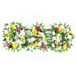 In this image, the word DAD is expressed entirely through flowers, three bold capital letters arranged side by side against a stark white background so the tribute's colours and textures can be fully appreciated. Each letter is constructed on a sturdy base, softened with a border of flowing green fern fronds that spill out slightly, creating a gentle, natural frame. Within that frame, the letters are tightly filled with a blanket of snowy white chrysanthemums and large white gerbera daisies, the petals overlapping in layers to form a plush, cushion-like effect that feels calm and reverent. Sprinkled among the whites are small bursts of yellow - cheerful yellow gerbera blooms, dainty yellow spray roses, and tiny daisy-style flowers - adding warmth and bringing to mind comforting sunlight on a quiet morning in New Barnet. Deeper colour notes come from rich purple lisianthus and deep pink or magenta spray roses, along with fine sprigs of lavender-tinted filler flowers, each carefully inserted to create depth and visual rhythm without overwhelming the main white-and-yellow theme. Bright green button chrysanthemums peek out here and there, echoing the fern border and lending a fresh, contemporary touch. The three letters are linked at the base by slim dark green bars, barely visible, which keep the arrangement stable and perfectly aligned as one clear word. This floral DAD tribute feels deeply personal and dignified, the kind of bespoke funeral arrangement a New Barnet family might choose to honour their father at a church service, crematorium chapel, or intimate memorial gathering.
