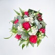 Viewed from directly above against a pure white background, this lush, rounded bouquet glows with hot pink, white, and soft green, like a little celebration laid out on a florist's bench in New Barnet. At the heart, frilled hot pink carnations open in generous ruffles, each petal slightly curled and layered, creating a sense of movement and fullness. Tucked between them are velvety deep pink and fuchsia roses, some spiralling open to reveal their classic, romantic centres, others still in tight buds that promise colour in the days ahead. Clusters of tiny white spray chrysanthemums and other daisy-like blossoms form soft, cushiony mounds, their bright centres adding a gentle sparkle. Airy clouds of white gypsophila drift throughout, giving the arrangement a light, almost whispery texture. Slender white buds, reminiscent of alstroemeria or lily blooms, stretch delicately upward, lending a line of elegance and purity. Around and beneath the blooms, layers of greenery create a structured collar: rounded, silvery-green eucalyptus leaves with their cool, waxy finish contrast beautifully with the richer emerald tones of folded aspidistra and other broad foliage. Long, bright green blades arc gracefully, framing the flowers and drawing the eye around the design. The bright, even lighting makes every detail crisp, from the veins on each leaf to the subtle colour variations in the petals. This bouquet feels joyful yet refined, perfect as a hand-tied gift for birthdays, congratulations, or heartfelt thanks, and easy to imagine arriving fresh to a doorstep near High Barnet station or a cosy home off East Barnet Road, bringing an instant sense of care and celebration.