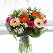 Bursting with energy and grace, this fresh bouquet-crafted for New Barnet's discerning floral lovers-radiates color, texture, and genuine artistry. At its heart are bold gerbera daisies: vivid orange blooms spark with lively optimism beside peach-toned counterparts that bring a buttery softness to the palette, each framed by dark chocolate centers. The rich magenta roses, tightly layered and newly opened, evoke feelings of romance and sophistication. White alstroemeria and petite spray roses are woven throughout, their star-like clusters lighting up the bouquet with gentle brightness. Accents of pale pink and airy white filler blooms add intriguing variety, reminding one of the early blossoms seen along Victoria Road in March. Glossy aspidistra leaves, curved and folded in practiced hands, create a verdant embrace at the base, reinforcing the sense of fullness and stability. Through the vase's clarity, vibrant stems attest to the bouquet's garden-fresh quality. Soft, natural light-like that filtering through a New Barnet conservatory-invites every shade to shimmer. This expertly balanced composition brings a sense of celebration, gratitude, and everyday beauty, ideal for uplifting spirits or brightening a loved one's New Barnet home with an expression of heartfelt care.