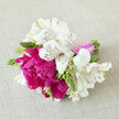 A compact, hand-tied bouquet is shown laid across a pale, textured cloth, as if just set down by a New Barnet bride pausing for a quiet moment. At the centre, lush peonies in intense fuchsia and raspberry-pink tones are captured mid-bloom, their ruffled petals layered like fine silk and catching the natural light with a soft sheen. Surrounding them, creamy white alstroemeria create a loose halo, each bloom marked with intricate maroon streaks that draw the eye inward and lend a touch of classic elegance. Dotted throughout the arrangement, small green buds and shoots bring a sense of freshness and movement, suggesting that the bouquet is alive and still unfolding. The stems are wrapped in a smooth, pale pink ribbon that runs neatly along their length, its satiny surface contrasting with the more organic feel of the leaves and flowers. Gentle shadows slip across the neutral background, giving depth to each petal and accentuating the crisp white tones without overpowering the vivid peonies. You can almost sense a light, sweet fragrance in the air, reminiscent of early summer strolls past front gardens near Victoria Park or around the tree-lined streets of New Barnet. This arrangement feels joyful yet refined, perfect for a bridesmaid's posy, a registry-office ceremony, or a simple thank-you bouquet delivered locally. Everything about it speaks of gratitude, optimism, and the quiet beauty of carefully chosen seasonal blooms held together in one tender, celebratory cluster.