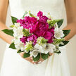 In this photograph, the bouquet rests tenderly in a bride's hands, a vivid focal point against the gentle folds of her dress, echoing the romantic charm of a New Barnet ceremony. At the centre, magenta peonies sit in a loose, generous cluster, their ruffled petals densely layered, each bloom seeming to glow from within like a secret still forming. Around them, white alstroemeria add a breath of purity, their petals slim and slightly curved, streaked with fine burgundy lines that resemble careful brushstrokes on porcelain. Slender spikes and clusters of pale green buds rise and weave through the design, suggesting fresh beginnings and the unfolding of days ahead, like the first buds along the paths of Tudor Park in late spring. The bouquet is framed by sturdy green leaves, some broad and smooth, others more slender, creating a cool, verdant nest that cradles the blooms and adds a quiet, woodland depth. Natural light washes over the arrangement, soft yet bright, highlighting the contrast between velvety peony petals and the crisp texture of alstroemeria and foliage, casting subtle shadows that give dimension and life. Imagine a soft fragrance hovering in the air: hints of garden freshness, earth after a light shower, and a gentle floral sweetness that never becomes too strong. Created with skilled hands and a florist's intuition, this bouquet feels both luxurious and personal, ideal for a New Barnet bride walking from home to church or registry office, or for marking any heartfelt celebration with flowers that speak softly of love, hope, and shared futures.