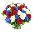A meticulously crafted bouquet of red, white, and blue roses appears as a near-perfect sphere of colour and texture, resting against a pure white background that makes every hue stand out. The arrangement contains roughly thirty to forty roses, each bloom at a stage where the centre petals are still tightly furled while the outer petals gently unfurl, creating a sense of movement and softness. Deep red roses bring a sense of classic romance, creamy white roses lend brightness and purity, and vivid royal blue roses add a modern, almost artistic edge; together, they echo the patriotic palettes often seen at local gatherings in New Barnet. The florist has distributed the colours evenly, so the eye travels easily across the dome, noticing small patterns of repeating reds, whites, and blues. Between the blossoms, polished dark green leaves appear in just the right places, offering cool shadows and visual breathing space among the saturated tones. The stems extend downward in a smooth, uniform bundle, tightly tied to show professional preparation for dropping straight into a vase on a New Barnet dining table or windowsill overlooking the quiet residential streets. The white background eliminates any distractions, giving the bouquet a crisp, contemporary look that would suit a remembrance service, an Independence or memorial-themed event, or a special gift to express solidarity and admiration. The overall mood is one of dignity and celebration, capturing both the formality of patriotic symbolism and the simple pleasure of fresh, beautifully arranged roses delivered locally on the same day.