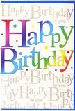 A colourful birthday card stands centre stage, its design capturing the feeling of an upbeat celebration unfolding in New Barnet, perhaps just as guests begin to arrive with presents and flowers. The main focus is the bold Happy Birthday greeting spanning the width of the card in large, softly rounded letters. Each letter is painted in a rich gradient of colour, gliding from warm reds and oranges into yellows, greens, blues, and violets, much like a row of lanterns or balloons strung across a party venue near Oakleigh Park. The colours are vibrant yet smoothly blended, giving the type a polished, contemporary look while still feeling playful. Behind this headline, a backdrop of repeated Happy Birthday to you unfurls in delicate, looping gold script, flowing across the card like gentle waves of music. The metallic script appears to catch the light at different angles, suggesting a subtle shimmer that recalls the glint of birthday candles reflected in a window on a quiet New Barnet street. Small starbursts and confetti-like dots peek through the script, adding a sense of movement, as if someone has just tossed a handful of celebratory sprinkles into the air. The composition feels layered and thoughtfully arranged: bold colour in the foreground, softened by elegant, sparkling detail in the background. It's the sort of card that would sit happily alongside a hand-tied bouquet, making a birthday anywhere in New Barnet feel that bit more festive and memorable.