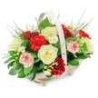 A dignified funeral arrangement is displayed in a pale wooden basket, the kind of thoughtful tribute that might travel quietly through New Barnet's tree-lined streets to a memorial service. The basket itself is shallow and oval, fashioned from light, natural wood slats, and gently elevated on four small feet. A sturdy, arched handle curves above the flowers, echoing the soft, rounded shape of the bouquet below. Inside, the florist has created a lush, domed display of red, white, and pink blooms, carefully blended so that each colour supports the others rather than competing. Creamy white roses, fully open and velvety, draw the eye first, their layered petals softly catching the light and suggesting peace, reverence, and the memory of kind words exchanged. Around them, deep red carnations sit closely packed, their ruffled petals forming a rich, almost quilted texture that speaks of deep affection and respect. Lighter carnations, some in blush pink and others delicately edged with red, soften the intensity and introduce a more reflective, gentle mood. Through the arrangement, finer stems of small white flowers-resembling freesias-arc gracefully, bringing lightness and the impression of a tender, lingering fragrance. Beneath and between the blooms lies a bed of lush greenery: broad, dark green leaves give stability and weight, while airy, fern-like fronds stretch beyond the main shape, adding movement and a natural, garden-inspired touch. Set against a clean white background, every petal and leaf is clearly defined, making the arrangement feel calm and composed. This basket would rest beautifully beside a casket at New Barnet Crematorium or as a sympathy gesture delivered to a grieving family, expressing love, remembrance, and quiet support.