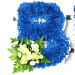 A striking floral tribute in the form of a capital letter B dominates the photograph, set against a pure white background that emphasises every petal and curve. The main shape of the letter is formed from tightly massed royal blue chrysanthemums, their lush, multi-layered petals creating a thick, velvety texture reminiscent of a plush fabric. The blue tones shift gently from rich, inky depths in the shadows to slightly lighter, almost electric hints at the edges, giving the piece a sense of life and movement. Encircling the outer and inner contours of the B is a frilled white satin ribbon, neatly pleated so it frames the flowers with a soft, elegant border and brings a touch of ceremonial refinement. At the lower left side sits a graceful accent spray: several creamy white roses, some still in bud and others beginning to open, revealing delicate spirals of petals, are joined by small white spray chrysanthemums that look like miniature daisies. These blooms nestle into a bed of mixed greenery, including slender fern fronds and broader green leaves that fan out slightly, adding fullness and a fresh, natural feel. The contrast between the deep blue base and the white and green accent creates a calm yet powerful composition, ideal as a personalised funeral or memorial letter. In New Barnet, a piece like this might be chosen for a service near Monken Hadley or delivered quietly to a local chapel, offering a heartfelt final tribute that feels both personal and composed, as though each flower has been thoughtfully placed in honour of a cherished life.