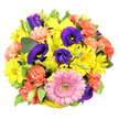 A top-down view reveals a full, round bouquet set against a bright white background, every blossom pressed close in a joyful, almost tapestry-like pattern. The composition feels intentional yet generous, the kind of hand-crafted arrangement you might receive from a trusted New Barnet florist for a special celebration. Dominating the outer areas are exuberant yellow chrysanthemum daisies, their multitude of slender petals flaring from soft green-yellow centres, creating a radiant halo effect that instantly lifts the spirit. Intertwined with these golden blooms are velvety lisianthus blossoms in rich purple and indigo, some open into elegant cups while others remain tight, elongated buds, lending the bouquet a sense of rhythm and quiet sophistication. Coral-orange carnations are scattered throughout like confetti, their frilled, layered petals giving a sense of softness and movement, as if a gentle breeze has just brushed through the flowers. Near the lower centre rests a standout pink gerbera daisy, large and perfectly proportioned, its delicately shaded petals radiating around a textured greenish-yellow heart that almost glows against the surrounding colours. Pockets of greenery, from deep emerald leaves to lighter, cream-edged variegated foliage, frame and support the brighter blooms, adding a cool freshness reminiscent of early morning walks through local green spaces around New Barnet. The lighting is clear and even, making the colours appear vivid yet natural, without harsh reflections. Emotionally, the bouquet feels upbeat, affectionate, and celebratory-ideal for birthdays, congratulations, or simply sending warm wishes to someone along the High Road or in nearby East Barnet. It captures the charm of a thoughtfully arranged, same-day-delivered gift that brings a burst of garden colour indoors.