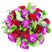 An overhead shot reveals a sumptuous, circular bouquet laid on a pristine white background, brimming with deep red roses and vivid purple carnations that look as though they've just been arranged for delivery to a New Barnet address. The roses are the stars of the composition, each bloom fully open yet perfectly formed, with velvety petals coiling inward in tight spirals that evoke timeless romance and sophistication. Threaded between these crimson focal points, the carnations add a contrasting rhythm: their densely ruffled petals create little clouds of royal and magenta-tinged purple, giving the bouquet a lively, almost celebratory texture. Surrounding this interplay of red and purple is a confident halo of greenery. Broad, glossy leaves in a rich, dark green frame the flowers and lend a polished, abundant feel, while scattered stems of eucalyptus introduce smaller, round leaves in a cool, silvery-green, breaking up the density and adding depth. The neutral white setting and soft, balanced light intensify the colours without glare, highlighting every curve and fold as if the bouquet were resting momentarily on the worktable of a New Barnet florist just off East Barnet Road. The overall impression is of a carefully constructed, full and rounded design that speaks of affection and grandeur in equal measure-equally suitable as a romantic anniversary surprise, a dramatic birthday gift, or a centrepiece for an intimate celebration at home. Looking at it, you can almost sense the coolness of the eucalyptus against your fingertips, the softness of the rose petals, and the quiet excitement of a fresh flower delivery arriving at your door.