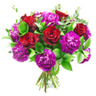 A striking hand-tied arrangement of crimson roses and vivid purple carnations fills the frame, standing out clearly against a smooth white backdrop that makes every colour appear more intense. The roses, with their velvety, dark red petals coiling elegantly towards the centre, are placed like jewels throughout the bouquet, each bloom at a perfect stage of openness that florists recognise as ideal for romantic gifting. Between them, generous heads of carnations in magenta, berry, and royal purple create a lush carpet of ruffled texture, their finely fringed petals layered so densely they seem almost cloud-like from a distance. Deep green foliage wraps around and threads through the blossoms, with robust, glossy leaves providing a strong structure, while slender eucalyptus stems add a cooler, silvery-green accent and a whisper of airy lightness, much like a breeze moving through the trees near Victoria Park in New Barnet. The stems are visible at the base, cut to a uniform length and tied tightly in a hand-tied spiral, suggesting professional care and an understanding of balance and proportion. Soft, even lighting enhances the natural saturation of the reds and purples, and casts delicate shadows that reveal the dome-shaped form of the design. The bouquet exudes a sense of heartfelt drama and sincerity, perfect for Valentine's Day, an anniversary surprise, or a significant birthday celebrated quietly at home. It feels like the kind of arrangement ordered for same-day delivery around New Barnet when words alone are not enough, and a lavish, romantic bouquet is chosen to speak eloquently on the sender's behalf.