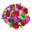 Viewed directly from above, this lush, circular bouquet stands out vividly against a pristine white backdrop, every bloom and leaf meticulously composed. At the centre, a ring of opulent red roses draws the eye, their petals smooth and velvety, spiralling inward to form tight hearts of colour before unfolding in elegant layers. The shades of red subtly shift from bright, romantic scarlet on the outer petals to more shadowed, wine-rich tones deep inside, giving the roses a sense of depth and quiet intensity. Encircling and weaving through these blooms are plentiful magenta and purple carnations, their ruffled, serrated petals adding a soft, almost feathery texture that contrasts beautifully with the roses' sleek curves. Some carnations carry a lively fuchsia brightness, while others sink into dusky plum and royal purple, so the arrangement feels both joyful and sophisticated at once. Fresh greenery threads between the flowers, from cool, silvery-green eucalyptus discs that add a modern, airy touch to broader, darker green leaves that provide a glossy frame, like a natural wreath. Finer, brighter green stems peek out here and there, suggesting the freshness of a bouquet prepared that morning in a New Barnet flower shop, ready for delivery out towards Barnet High Street or the quiet residential roads nearby. The bouquet is evenly rounded and generously full, radiating a sense of romance, celebration, and heartfelt care. It would feel at home as a centrepiece for a birthday gathering, an anniversary surprise, or simply as a rich, colourful gesture of appreciation to someone special in the New Barnet community.