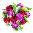 A dramatic cluster of deep crimson roses and vivid purple carnations is shown in close detail, the flowers gathered so that colour and texture seem to spill outward, as if freshly arranged at Flowers New Barnet before heading out for local delivery. The roses are lush and velvety, their tightly layered petals forming rich red whorls that draw the eye deeper into the bouquet. Around them, the carnations add a lively flourish, their ruffled petals dancing in shades of bright violet and royal purple, softening the bold drama of the roses with playful movement. Embracing these focal blooms is an artful mix of greenery: glossy, dark green leaves that anchor the arrangement, finer sprays of foliage that add lightness, and elegant strands of eucalyptus, their cool blue-green leaves arcing gently and catching subtle highlights. The eucalyptus hints at a clean, refreshing aroma that mingles with the sweet perfume of the roses and the faintly spicy scent of the carnations, creating an imagined fragrance as layered as the colours. Bathed in soft, natural light, the bouquet appears fresh and full of life, ready to brighten a living room near New Barnet High Street or a dining table in a flat close to High Barnet station. The overall mood is one of romantic celebration and heartfelt care, ideal for anniversaries, birthdays, or simply surprising someone special after a busy day. Every stem seems intentionally placed, reflecting the practiced hands of a local florist who understands how to weave emotion, seasonality, and New Barnet's understated elegance into a single, memorable bouquet.