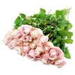 A softly cascading bundle of around two dozen long-stemmed roses in a delicate blush pink hue rests horizontally on a spotless white surface, as if a New Barnet florist has just finished conditioning the stems and placed them down with care. The roses form a generous mound of petals at one end of the image, gradually thinning into a gentle spray of stems and leaves that trails away toward the opposite corner. Each bloom is a study in subtle gradation: pale, almost cream-coloured outer petals deepening into muted dusty rose and faint lavender-pink tones as they fold inward. Some roses are still tightly wound, suggesting newness and quiet anticipation, while others have eased open just enough to reveal their layered, spiralled cores. Nestled among them, vibrant dark green leaves cluster thickly along the stems, their smooth, slightly glossy surfaces contrasting with the soft, velvety texture of the petals and reinforcing the impression of freshly cut flowers ready for delivery across New Barnet. The clean, white background and clear, even light create a peaceful, uncluttered atmosphere that draws attention to the gentle interplay of pinks and greens. There is an unspoken tenderness in the way the bouquet lies, unbound yet composed, like a bouquet that might be gently placed beside a memorial candle or on a family table in a quiet home off East Barnet Road. The overall mood is calm, reflective, and deeply caring, making this arrangement particularly suited as a visual companion for sympathy messages, funeral tributes, and thoughtful condolences that seek to offer solace and grace in times of grief.
