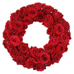 On a pristine white backdrop, a lush circular wreath of deep crimson roses fills the frame with quiet grandeur. The arrangement is densely packed, each bloom pressed against its neighbour to form a plush, continuous surface that leaves no gap for greenery to intrude. Large, fully opened heads reveal velvety, spiraling petals, while smaller, partially opened roses nestle between them, creating rhythm and depth in the ruby field. The colour remains a steadfast crimson throughout, a flattering glow that catches the soft studio light and gives the petals a satin-like sheen. Every fold and curve of a petal is visible, a testament to the careful craftsmanship of a New Barnet florist who understands how these blooms behave in close form. This is a classic design that speaks of love, admiration, remembrance, and celebration, capable of marking a wedding anniversary, a solemn memorial, or simply brightening a home with elegant warmth. In person, the scent is delicate and sweet, a soft perfume that mingles with the faint resinous note of stems and foliage kept to a minimum to preserve the wreath's pure, refined line. The white backdrop ensures the intense red hue is the absolute focal point, letting the quality of the roses and the skill of the arrangement shine. For same-day delivery across New Barnet and surrounding EN4 postcodes, Flowers New Barnet can bring this wreath to doors with the same care and poise it shows in the studio, ready to accompany a moment of meaning in any doorstep, altar, or mantelpiece.