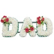 A solemn, hand-crafted funeral tribute spells out DAD in three large, three-dimensional letters, each face densely covered with pristine white chrysanthemum blooms against a clean, bright white background. The chrysanthemums give a soft, cloud-like texture that reads quiet and reverent; their faint, powdery scent lingers in the imagination. Each letter is crisply edged with a deep emerald-green ribbed ribbon which sharpens the silhouette and lends an orderly, respectful formality to the design. Artful clusters punctuate the letters: on the left D a cluster of deep red roses and fragrant white freesia sits on the upper curve, the central A carries a matching spray near the left diagonal with a gentle loop of bright green bear grass, and the right D mirrors the left with another grouping of red roses, white freesia and lush foliage. Subtle dark green metal support bars are visible behind the letters, providing discreet stability for a display meant to stand at a chapel, graveside or memorial service. Soft, diffused studio lighting washes the arrangement evenly, highlighting the velvety rose petals and the tiny chrysanthemum florets while keeping the overall impression calm and pure. This arrangement reads as both classic and personal, combining white chrysanthemums as a symbol of devoted love with red roses for deep affection, and is composed with the quiet craftsmanship of a seasoned florist who knows how to shape grief into a thoughtful tribute. Suitable for services within New Barnet and nearby neighbourhoods, the piece offers a dignified, tactile expression of remembrance when words alone are not enough.