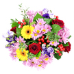 In this overhead image, a round mixed bouquet rests on a spotless white background, its colours and textures carefully orchestrated to appear both luxurious and welcoming. Deep red roses provide the emotional core of the design, each bloom tightly layered, their velvety petals spiralling inward in a way that conveys depth, passion, and timeless elegance. Surrounding and intermingling with them, bold yellow Gerbera daisies blaze with warmth, their dark centres and broad petals creating a confident rhythm of light that feels as uplifting as a sunny walk through New Barnet's high street. More subtle yet equally important, clusters of soft pink and lavender chrysanthemums fill the spaces between, their fine, spidery petals and pale yellow-green centres building up a gentle, cloud-like volume that softens the entire arrangement. Threaded delicately throughout are lisianthus flowers in varying purples and soft blues, their slightly ruffled, bell-shaped blooms lending sophistication and a sense of gentle movement. A collar of mixed greenery - including larger, glossy leaves and smaller, rounded eucalyptus-style foliage - frames the bouquet and adds a cool, fresh contrast to the brighter colours, suggesting the crisp scent of leaves just misted with water in a local studio. Here and there, tight clusters of bright red hypericum berries catch the light, like small beads or jewels that add cheerful punctuation. Crafted and photographed in the spirit of a local New Barnet florist who knows how residents celebrate birthdays, anniversaries, and quiet thank-yous, this bouquet radiates joy, care, and versatility, perfectly suited for same-day delivery to homes, offices, and cosy cafés around the area.