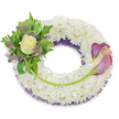 A serene, circular funeral wreath sits centered against a clean white background, its visual language of calm and remembrance evident at a glance. The wreath's substantial body is formed from densely packed, snow-white chrysanthemum florets that create a cloud-like, velvety texture - a soft, tactile field that reads as purity and quiet comfort. Beneath that white surface a hint of deep purple mesh or fine netting peeks through along the inner curve, adding depth and a subtle ribbon of dignified colour. On the upper-left quarter a compact garden of accents gathers: a single, perfectly shaped cream to pale yellow rose opens gently at its centre, surrounded by rich green foliage including broad variegated leaves edged in paler tones and delicate, feathery fern fronds that add movement. Scattered through this cluster are slim sprigs of lavender-purple statice, their tiny papery blooms providing calm points of contrast and a whisper of texture. Balancing the composition on the right are two graceful calla lilies whose trumpet forms sweep from roughly two o'clock to five o'clock, their petals graduating from a deep, muted purple at the tips into a soft peach-pink blush near the bases; their bright green stems curve naturally along the lower right arc and are neatly tucked into the chrysanthemum base. A single longer green stem crosses the lower wreath, discreetly securing the composition and leading the eye from the left cluster to the callas. Bathed in soft daylight, this arrangement reads as a respectful sympathy tribute - a composition I would choose for a memorial service in New Barnet, quietly reflecting peace, support, and enduring affection for those gathering nearby.