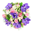Against a pristine white background, this hand-tied bouquet appears as a perfectly rounded, abundant dome of colour and texture, as if crafted to brighten a New Barnet living room on a clear afternoon. Richly hued Vanda orchids, in an intense purple with darker violet speckling and fine veining, stand out like precious gems set among softer blooms. Their broad, velvety petals curve outward, adding sculptural drama and a distinctly exotic note. Encircling and intertwining with them are generous roses in tender shades of blush pink, pastel rose, and creamy off-white, some still tightly coiled, others just starting to open into layered rosettes. This variation in bloom size and openness gives the bouquet an organic, breathing quality. Dotted throughout are tiny clusters of white flowers, reminiscent of asters or miniature chrysanthemums, which lift the composition with hints of brightness and movement. Smooth, ivory Hypericum berries nestle in small groups, their rounded forms adding a tactile, pearl-like charm. Lush, glossy green foliage forms a deep, steady background, while light, silvery-green leaves weave through like whispers of cool air, adding subtle contrast and a slightly frosted effect. The overhead composition lets every flower be seen in balance, creating a sense of harmony and intentional design that a local florist might assemble for a wedding breakfast, an engagement celebration near Lyonsdown Road, or a thoughtful gift delivered anywhere in EN4. The bouquet's blend of bold purple, gentle pinks, creams, and fresh greens conveys a mood of quiet joy, elegance, and heartfelt celebration.