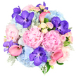A richly detailed bouquet is presented against a pristine white background, its rounded, dome-like silhouette carefully packed with blooms that feel both extravagant and harmonious. At its heart, several large pastel pink peonies unfurl in plush, ruffled layers, their generous petals creating a sense of velvety softness and romantic warmth. Around them, full heads of sky blue hydrangeas form a cool, pillowy cushion, their countless small florets blending into a soothing haze of blue that balances the pinks beautifully. Threaded throughout the arrangement are bold fuchsia-purple Vanda orchids; each orchid bloom stands out with its speckled, patterned petals, lending an exotic, high-end flair that immediately draws attention. Coral pink calla lilies rise with elegant, trumpet-shaped curves, their smooth surfaces and gentle arcs bringing a modern, sculptural touch to the ensemble. Filling the smaller pockets of space, tiny light pink and creamy white spray roses cluster in charming bunches, enhancing the bouquet with classic, garden-inspired texture and the hint of a sweet, fresh fragrance. Around the edges, a mix of foliage emerges: soft, silvery-green dusty miller with its velvety leaves combines with deeper, glossy greens to frame and support the bright blooms, grounding the colour story. The overall impression is one of luxury and thoughtful craftsmanship, like a hand-tied arrangement arriving at a New Barnet doorstep near Barnet Playing Fields or a quiet café off High Street. It feels perfectly suited for romantic gestures, elegant thank-you gifts, or sophisticated events, capturing the spirit of a special day in the New Barnet community.