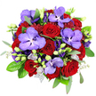 Against a crisp white background, this overhead shot reveals a sumptuous bouquet alive with deep reds and luxurious purples, the sort of statement piece you might see carried into a celebration at a home near Monken Hadley Common or a stylish gathering in central New Barnet. At its core, clusters of classic deep red roses form a dense, rounded heart, each bloom with velvety petals curled into precise spirals that evoke warmth, intimacy, and enduring romance. Nestled among them, wide-faced Vanda orchids unfold in luminous lavender-purple, their petals decorated with tiny, darker violet speckles that create a delicate, almost lace-like effect across the surface. Around these stars of the bouquet, violet-purple lisianthus blossoms add soft, ruffled layers; some flowers are completely open, while others remain in tight, bell-shaped buds, suggesting both fullness and the promise of new blooms. Here and there, smaller light purple florets and lilac buds lighten the palette, like gentle echoes of the bolder tones, bringing a sense of depth and nuanced colour blending. A generous frame of greenery surrounds the flowers: broad, glossy dark green rose leaves contrast with slender eucalyptus sprigs, their silvery-green hue adding a cool, contemporary touch and hinting at a refreshing fragrance. Delicate filler foliage with tiny leaves weaves through the arrangement, subtly increasing volume and giving a natural, garden-like feel without disturbing the elegant round form. Near the lower edge, a glimpse of silvery-grey decorative mesh suggests careful wrapping and a premium finish. The bouquet radiates romance, sophistication, and artistry, making it ideal for anniversaries, heartfelt apologies, or any special delivery in and around New Barnet where you want your feelings to be unmistakably clear.