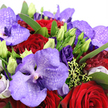 A richly detailed close-up reveals a sumptuous purple and red bouquet that looks as if it has just been finished by an experienced florist preparing a delivery in New Barnet. Luxurious Vanda orchids dominate the scene, their petals shifting from lavender to deep violet and plum, finely speckled with darker purple markings that lend an unmistakably exotic character. Nestled closely among them are classic deep crimson roses, each bloom lush and velvety, the petals wrapped in tight whorls that symbolise passion, devotion, and promises kept. Rounding out the composition, clusters of deep royal purple Lisianthus bring a softer, romantic texture, their ruffled petals opening like small, silken cups, while elegant buds tipped in pale lime green suggest that the bouquet will continue to evolve over the coming days. A generous collar of rich emerald leaves embraces the flowers, their sleek surfaces catching the light much as they would in a bright sitting room overlooking New Barnet's tree-lined streets. Fine sprigs of chartreuse filler and delicate green berries weave through the design, adding depth, movement, and a slightly untamed, garden-fresh feel. At the fringes, you catch only hints of pale pink and creamy white blossoms, just enough to lift the darker jewel tones and prevent them from feeling heavy. The image conveys more than just colour: you can almost sense the cool silkiness of the orchids, the plush texture of the roses, and the faint, romantic fragrance drifting like a soft whisper. It is the kind of opulent bouquet chosen for heartfelt celebrations - an anniversary by Oakhill Park, a Valentine's surprise, or a meaningful birthday gesture delivered with care across EN4.