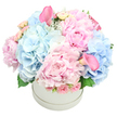 In a pristine white, round hatbox rises a lush, opulent bouquet that speaks of indulgence and quiet joy. The arrangement leans into soft pastel pinks and cool baby blues, with the star blooms taking center stage: velvety pink peonies unfurling their many petals, paired with cloud-like clusters of light blue hydrangeas. Pale spray roses peek through, their buds tight and delicate, while two trumpet-shaped calla lilies in a deeper rose pink rise above the rest, one near the top-left and the other curling into the bottom-right sightline. Subtle greenery-green hydrangea leaves and perhaps a touch of silvery dusty miller-frames the blooms, adding depth and a hint of natural sheen. The bouquet is sculpted into a full, rounded dome, so it reads as a refined, generous gift rather than a simple arrangement. Placed against a pure white backdrop, the box reads as a sophisticated, contemporary gift of romance, perfect for birthdays, anniversaries, baby showers, or any joyful milestone.

Delivered with the familiarity of Flowers New Barnet, this piece feels crafted for the local community-neighborhoods around the High Street, the leafy lanes near Monken Hadley Common, and the everyday moments that deserve beauty. It can anchor a celebration table or stand as a generous centerpiece, whispering a promise of freshness and care. For recipients in New Barnet and nearby pockets, this bouquet carries the scent of spring and a sense of thoughtful craftsmanship, a testament to the artistry of a local florist who understands the cadence of this area.