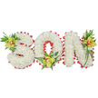 A tender, three-dimensional floral tribute spells the word SON in bold, sculpted letters formed entirely from hundreds of small, pristine white chrysanthemum blooms. The chrysanthemums are densely packed to create a soft, cloud-like surface whose snowy petals read as purity and reverence under a soft, diffused light. Each letter is crisply defined by a continuous scalloped border of bright red ribbon, the ribbon looped and tucked to produce a rhythmic, almost lace-like edge that gives the composition a vivid, heartfelt punctuation against the white. At the upper left curve of the S, the base of the O, and the upper right of the N sit three lime-green Cymbidium orchids, their waxy petals glowing chartreuse with a warm reddish-brown throat, anchoring the design with unexpected colour and dignity.
Surrounding and weaving through the orchids are rich green leaves and delicate fern fronds that introduce vertical movement and a natural softness, their textures contrasting the densely petaled chrysanthemums. The orchids' subtle scent and the cool, leafy notes of the greenery create a quiet sensory balance-reserved yet comfortingly present-appropriate for a graveside or chapel memorial. The piece is photographed against a clean white background so every detail stands out: the scalloped red edging, the orchid throats, the fern's fine lace, and the chrysanthemum's pillowy white surface.
As an arrangement crafted with the care of a local florist serving New Barnet and neighbouring streets near Station Road and Oak Hill Park, it reads as both a personalised statement of love and a carefully constructed tribute meant to honour memory with grace.
