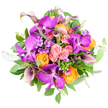 From above, this lavish bouquet appears as a rich circle of colour blooming outwards on a pristine white background, like a miniature garden captured at its peak. Dominant in the design are large Vanda orchids in intense shades of fuchsia and deep magenta purple, their bold petals marked with intricate, tessellated patterns that give them a unique, almost mosaic appearance. Surrounding these exotic blooms are generous clusters of roses, some in soft, romantic pastel pink, others in bright, cheerful orange and sun-warmed golden yellow, their petals tightly layered and spiralling inward in velvety whorls. Deep plum calla lilies curve gracefully through the arrangement, their sleek trumpet-shaped blooms lending a refined, sculptural quality that contrasts beautifully with the ruffled roses. Here and there, delicate tufts of lavender and pale purple filler flowers, similar to phlox, add fine, lacy texture and a hint of countryside charm. The foliage beneath and between the flowers is lush and abundant, with broad emerald-green leaves intertwined with round, silvery eucalyptus, creating a cool, botanical backdrop and a sense of gentle movement. The overall form is full and rounded, with no harsh edges, just a flowing composition that feels joyful, elegant, and carefully considered, as though created by a skilled New Barnet florist who knows how to bring a sense of occasion to local homes and venues. It's easy to imagine this bouquet arriving as a same-day delivery to a townhouse near New Barnet station, ready to light up a birthday table, anniversary dinner, or quiet celebration at home.