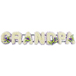 In this image, the word GRANDPA appears as a striking floral tribute, its large capital letters arranged in a straight line, stretching horizontally across a bright white background that makes every petal stand out. Each letter has been lovingly built from a generous covering of small white chrysanthemums or carnations, the blossoms tightly clustered to form a thick, velvety layer of texture. The neat, rounded contours of the letters are clearly readable, suggesting a design made to be seen from across a chapel aisle or at the entrance to a graveside gathering in New Barnet. Within this blanket of white, carefully placed clusters of deep purple and lilac flowers, paired with fresh green foliage, are woven into several of the letters. These touches of colour appear at the foot of the 'G', in the open spaces of the 'A's, along the inner curves of the 'D' and 'P', and near the final letters, adding visual interest without overwhelming the calm, respectful tone. The blend of white with hints of purple feels serene and thoughtful, evoking both sorrow and a gentle sense of hope. All the letters rest on a dark green supporting bar that runs unobtrusively beneath them, mostly hidden from view yet providing the essential structure needed for safe transport to local New Barnet venues and cemeteries. The overall impression is of a deeply personal farewell piece, the kind of bespoke floral lettering a family might choose when honouring a cherished grandfather's life, stories, and presence within the New Barnet community.