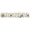 In this image, the word GRANDPA is created entirely from flowers, the seven capital letters laid out horizontally in a calm, dignified line. Each letter is heavily padded with compact white chrysanthemums or similar small, ruffled blooms, packed closely together so that no gaps in the surface can be seen. The result is a soft, seamless texture, like a white floral cushion shaped into each individual character. Tracing the outer edges, a slim band of lilac and lavender-toned flowers defines the contours, lending gentle colour and making the letters stand out clearly against the pure white background. Carefully composed accent sprays are nestled into certain letters: the 'G' and the first 'A' on the left carry small mixed posies of white lily-like flowers, bright pink and fuchsia blossoms, and deeper purple notes, while the 'D' and the second 'A' echo these tones, supported by sprigs of glossy green foliage and tiny lime-green chrysanthemum buttons. A thin, dark green support bar runs just behind the blooms, almost invisible yet ensuring that the word remains straight and readable from a distance. The scene is lit with soft, even light, as though the tribute has been set on a table in a New Barnet studio moments before being taken out for a funeral or memorial service near Victoria Park or along Station Road. The overall impression is of a tender, carefully considered farewell for a much-loved grandfather, combining traditional white sympathy flowers with gentle touches of colour that hint at cherished stories and shared memories.