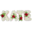 A three-dimensional floral tribute spells out the name KATE in bold block capitals, each letter formed from a dense, cloud-like mass of small, pristine white chrysanthemums that read as soft, luminous surfaces against a pure white backdrop. The craftsmanship is intimate and deliberate: every tiny chrysanthemum petal is packed to create smooth, rounded contours, while a pale pink satin ribbon pleats gently along the outer edges to give each letter a refined, warm outline. The arrangement catches soft, even light, which reveals the chrysanthemums' fine texture and the subtle sheen of the ribbon without distracting from the overall sense of calm and dignity.
At the heart of each letter a single deep red rose anchors the design, its velvety petals a rich focal point framed by generous swathes of verdant foliage - broad glossy leaves and delicate, fern-like sprigs layered to provide depth and a natural silhouette. The placement is measured and meaningful: the rose on the K rests on the lower part of its left vertical stroke, the A's rose sits at the peak of its triangular top, the T's crimson bloom is positioned at the base of the left half of its horizontal crossbar, and the E's rose nestles upon the middle horizontal bar. This composition, typical of bespoke funeral lettering, combines purity, love, and remembrance in one quiet statement. As a local florist familiar with New Barnet's gentle rhythms - from the High Street to Victoria Recreation Ground - I imagine this tribute laid with care at a service or placed near a memorial, offering comfort through its scent, texture, and understated colour harmony.