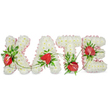 A tender, personalised memorial arrangement spells the name KATE in large, three-dimensional letters made from a dense carpet of small, pristine white spray chrysanthemums. Each letter sits slightly apart on a bright white background so the texture and contours read clearly: the florists have built a soft, cushion-like surface that suggests purity and calm. A pale, ruffled pink ribbon trims the outer edges of each letter, the delicate pleats catching soft studio light and giving the composition a gentle, almost fabric-like border. Woven through and around the white blooms are rich, deep-red roses placed with deliberate care: a single prominent red rose with glossy deep-green leaves sits at the upper left curve of the K, the A is anchored by one or two roses set where its diagonals meet, the T carries a striking cluster of blooms near the crossbar on the right, and the E is softened by a similar red rose cluster on its left side just below centre. Dark, leafy foliage - ruscus-like sprays and fine fern fronds - is threaded between the chrysanthemums and roses, introducing depth, cooling green tones, and natural movement. Thin green tendrils and vines arc gently between letters, subtly linking them as if held by an invisible hand. The overall effect is solemn and comforting: the glossy red roses read as heartful accents against the peaceful white, while the pink ribbon lends a whisper of tenderness. This is the kind of bespoke sympathy tribute chosen for a funeral or celebration of life in New Barnet, designed to be both visually distinct and quietly reassuring to mourners who knew and loved the name it bears.