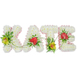 A bespoke floral name tribute spells out KATE in bold, blossom-filled capitals, carefully arranged against a crisp white background that emphasises its structure and colour. Each letter is made from hundreds of closely packed white chrysanthemums, their tiny, frilled petals creating a soft, cushioned texture that looks both comforting and pristine. Around the outside of every letter, a delicate border of pale pink satin ribbon provides gentle definition, introducing a hint of colour that feels tender and respectful rather than bright or overpowering. Nestled within these white flower forms, carefully chosen accent blooms add character and meaning. On the K and the T, fresh yellow-green cymbidium orchids with reddish-brown patterned centres are framed by lush dark green foliage, bringing a subtle tropical elegance to the traditional base. The A and E are each adorned with a single, striking red anthurium, their glossy, heart-shaped petals and upright spadix gleaming like polished enamel, a vivid symbol of enduring love. Slender green tendrils and fern-like leaves weave lightly between the letters, creating a sense of gentle movement, as though the name is held together by threads of shared memories. The piece feels peaceful and composed, the sort of personalised sympathy tribute a family in New Barnet might request for a funeral service or graveside farewell near the local cemetery. Every bloom appears freshly arranged, reflecting the steady, caring hands of an experienced florist and offering a visually rich, deeply personal way to honour Kate's life and legacy.