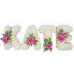 A serene, three-dimensional floral tribute spells out the name KATE in bold block letters, each letter built from hundreds of small, pristine white chrysanthemums tightly packed to create a cloud-like, tactile surface. The overall palette is quietly elegant: pure white petals form the body of each letter while a pale pink satin ribbon traces the inner contours, offering a soft, feminine edge that catches the light. Hot pink roses - brilliant, silken, and fully open - punctuate each letter as focal accents: two roses grace the left arm of the K, a single rose blossoms at the base of the A, one vivid bloom anchors the bottom of the T, and a pair of roses cluster along the right of the E. Lush green foliage, from fern-like fronds to glossy ruscus leaves and small variegated greenery, peeks between blooms and softens the transitions, giving the composition depth and a natural garden feel. The arrangement sits freestanding against a bright white background with gentle shadows beneath, lending a sculptural presence suitable for a chapel, a funeral home, or a quiet celebration of life in the New Barnet area. There is a subtle fragrance of roses that mingles with the fresh, green scent of cut foliage; under soft morning light the whites seem to glow while the hot pinks offer a compassionate accent. Crafted with careful attention to texture, proportion, and sentiment, this personalised floral name tribute conveys respect, remembrance, and a tender, personal farewell for family and friends gathering locally around Brunswick Park or near New Barnet station.