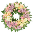 A round funeral wreath fills the frame, presented against a clean white background so the colours and textures appear especially vivid. The wreath is lavishly constructed, a complete circle of flowers where every inch is covered with roses and foliage, suggesting the careful, patient work of a skilled New Barnet florist. The main impression is of soft, soothing pastels: numerous open-faced roses in pale pink, creamy ivory, and warm peach create a tender, welcoming surface, their petals overlapping like ripples in calm water. Interspersed among these are richer, ruffled blooms in tones of lavender and muted purple, which may be large carnations or similar flowers, giving depth and a slightly more dramatic texture while still remaining respectful and refined. Between and behind the blossoms, lush dark green foliage-likely fern fronds or similar leafy greens-forms a dense, supportive base, its finely divided leaves peeking through and framing the roses. The contrast between the deep green and the pale blossoms recalls the peaceful balance of light and shade in nearby parks and garden squares around New Barnet. The light appears soft and even, reducing harsh shadows and allowing the natural beauty of each petal and leaf to show through clearly. The utterly round shape of the wreath is strongly symbolic, suggesting eternity, ongoing love, and the cyclical nature of life. This design would be ideal for use in funeral services, graveside tributes, or memorial gatherings, offering a visual expression of sympathy, respect, and quiet hope to families and friends in the local community.