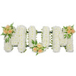 A refined and tender funeral tribute spells out the word MUM in three substantial letters, laid out horizontally and photographed against a completely white background so every detail of the flowers stands out. The base of each letter is formed from masses of white spray chrysanthemums, their countless small petals overlapping to form a soft, plush effect reminiscent of a padded quilt or snowy field. The blooms sit within a discreet dark green framework, with hints of ribbon or foliage showing along the edges and between the strokes of each letter, giving the design a clear outline without overpowering the gentleness of the white flowers. To bring warmth and a personal touch, three thoughtfully arranged rose clusters are spaced along the tribute. On the top left of the first M, a handful of peach and blush pink roses, in various stages from tight bud to full bloom, nestle among the chrysanthemums, framed by bright green leaves and fine, feathery foliage. A second, similarly composed cluster sits at the base centre of the U, just where it dips down, anchoring the word visually. The final cluster graces the top right of the second M, echoing the first and bringing the whole piece into balance. The colour palette of white, soft peach, and fresh green creates a mood of calm, love, and quiet remembrance. This style of MUM lettering would be a meaningful choice for a funeral at a local church or crematorium near New Barnet, offering a gentle, dignified way for the family to honour a much-loved mother.