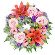 A full, circular wreath of sympathy flowers is shown from above against a bright white background, allowing every bloom and leaf to be clearly seen. The ring itself is completely covered, giving a feeling of abundance and care. Two large Asiatic lilies in a warm reddish-orange shade act as striking focal points, one positioned near the top of the circle and the other placed toward the lower section. Their open petals and visible stamens add a touch of bold colour that gently lifts the mood without feeling overpowering. Surrounding and weaving between these lilies are generous clusters of roses in pale blush and soft lavender-pink tones, their layered petals and rounded shapes offering a sense of comfort and tenderness. Interspersed with the roses are ruffled lisianthus flowers in gentle pinks and rich purples, their cup-shaped heads angled at different heights to create depth and movement. Punctuating the softer blooms, small heads of blue-grey eryngium (sea holly) bring a subtle, spiky texture and a cool, silvery hue that balances the warm oranges and pinks. Fine sprays of tiny lavender-blue filler flowers create a delicate mist across the design, softening transitions between flowers. The base is built from an array of greenery: feathery dark green ferns, smooth, rounded silvery leaves, and bright green foliage that adds freshness and structure. A few folded decorative leaves near the bottom lily highlight careful, professional arranging. Several unopened lily buds are nestled within the foliage, hinting at future blossoms. Designed by an experienced florist in New Barnet, this wreath feels appropriate for a local funeral or memorial service, reflecting respect, remembrance, and a gentle sense of peace.