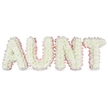 This image shows a lovingly crafted floral tribute spelling out AUNT in bold, upright letters, each one richly covered in pure white chrysanthemum blooms. The chrysanthemums are closely massed so that they form a plush, cushioned surface, their many fine petals overlapping to create a soft, cloud-like effect. At the heart of each flower, tiny hints of pale yellow peek through, lending a gentle warmth that keeps the white tones from feeling stark. Embracing every letter is a border of pastel pink satin ribbon, lightly gathered into a delicate ruffle that outlines the shapes with a subtle, romantic blush. The ribbon's smooth sheen catches the soft, even lighting, adding a sense of refinement and care to the overall piece. Set against a bright, uncluttered white background, the tribute stands out clearly, its message simple yet deeply personal. The composition is balanced and precise, with the letters evenly spaced and aligned in a single row, suggesting a professionally constructed design meant for a place of honour at a funeral, wake, or celebration of life. The mood it evokes is one of calm reflection and heartfelt affection, well suited to a farewell for an aunt who was gentle, supportive, and cherished. In New Barnet, this is the kind of thoughtful arrangement a family might have delivered to a local chapel near Victoria Road or brought directly to a crematorium, a floral expression of gratitude and remembrance that feels both traditional and quietly elegant.
