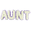 A carefully composed sympathy tribute spells the word AUNT in large, dignified capital letters, each letter formed from a dense carpet of pristine white spray chrysanthemums. The small, cloudlike florets sit tightly together to create a soft, textured surface; occasional pale yellow centers peek through the white petals like gentle, warm accents. Around the edge of every letter a rich purple satin ribbon is ruffled and pleated, its satin sheen catching soft light and tracing the curves and straight strokes of the composition with a delicate, almost tactile border. Subtle grey shadows beneath each letter lift them from the white backdrop, revealing the three-dimensional frames and the care taken in their construction. A faint green, dewy scent of fresh chrysanthemums is implied-the clean, almost herbaceous note that brings a quiet, comforting presence to the visual restraint. The overall effect balances reverence and warmth: the white blooms speak of purity and remembrance while the purple trim lends dignity and a gentle touch of colour. This arrangement reads as a personalised farewell, suited to a funeral service, memorial table, or a home remembrance, and it feels like an embrace from practiced hands. The texture of the ribbon against the petalled surface, the neat repetition of tiny flower heads, and the attentive shadowing all combine to create a tribute that honours memory with calm beauty. Imagined in soft morning light, it offers a peaceful focus for reflection and support among family and friends in and around New Barnet.