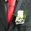 A close-up photograph focuses on a groom's charcoal grey suit in New Barnet, highlighting a single elegant boutonniere pinned to the left lapel. The fabric of the suit looks like a fine wool blend, softly textured yet sharply tailored, with neat stitching tracing the lapel edge and a welt pocket just visible beneath. A pale, check-patterned dress shirt peeks through, its subtle grid of light tones adding quiet depth beneath a bold, smooth red tie knotted carefully at the collar. The boutonniere itself is the true centre of the image: a creamy white rosebud, petals tightly furled and velvety, suggests freshness and the promise of the day ahead. Around it, tiny white clusters of baby's breath form a delicate, cloudlike halo, their minuscule blossoms catching the light with gentle sparkle. Fine threads of bright green foliage and slightly broader, deeper green leaves cradle the rose, adding graceful movement and a hint of garden softness, like something freshly gathered from a New Barnet back garden or a stroll near Oak Hill Park. A narrow white satin ribbon is tied into a small, precise bow at the base, securing the stems neatly to the lapel and mirroring the polished formality of the outfit. The overall mood of the image is one of poised excitement and quiet pride, perfectly suited to a wedding ceremony, civil partnership, or evening celebration at a local Barnet venue, where every little detail-from suit lining to flower choice-has been chosen with care and meaning.