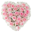 A lush, heart-shaped cluster of soft pink roses, densely arranged so the blooms read like a single velvety surface, fills the frame against a crisp white background. The composition is intimate and precise: roughly two to three dozen pale roses, their colours ranging from whisper-blush at the outer petals to a warmer rose tone near each center, sit close together so you can almost feel the cool, satiny texture of their spiralling petals. Scattered throughout and haloing the heart are clouds of tiny white gypsophila - delicate baby's breath - whose fine, star-like flowers catch the bright studio light and lend an airy contrast that sharpens the heart silhouette. Some roses are neatly furled, others partially unfurled, creating subtle pockets of shadow and depth that make the arrangement read as both lush and tender. The lighting is clear and even, emphasising the freshness of the petals and the precise craftsmanship of the florist's placement. There's a quiet sweetness to the image, a soft rose scent implied by the close, abundant blooms, and an emotional weight that speaks of affection, anniversaries, and quiet vows. As a florist who arranges for neighbours around New Barnet and Brunswick Park, I picture this heart arriving at a home on Station Road or being presented beneath the trees by New Barnet Station - a gentle, tangible message of love that reads as both classic and personal against the pared-back white backdrop.