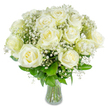 A serene gathering of flawless white roses, each bloom opening in smooth, layered spirals that catch a soft morning light and glow with a creamy, almost luminous warmth. The roses sit above a halo of tiny gypsophila - baby's breath like a pale, drifting cloud - their minute star-shaped flowers sprinkling the composition with delicate texture. Forest-green foliage threads through the bouquet, glossy leaves and sturdy stems that anchor the airy whites and give the arrangement a grounded, natural rhythm. The clear glass vase is simple and honest, letting the green stems gleam and breathe, and allowing the vertical lines to complement the soft roundness of each rose head.
As a local florist arranging in New Barnet, I imagine this bouquet placed on a windowsill near Brunswick Park or on a mantel in a home not far from New Barnet station, the scent subtle and comforting as you step through the front door. The fragrance is gentle - a clean, classic rose note that suggests fresh linens and early spring air - and the overall mood is calm, dignified and quietly uplifting. This is the sort of arrangement one chooses for a wedding table where elegance mustn't shout, for an anniversary that honours steady devotion, or to offer solace with a pure, uncomplicated sincerity. The craftsmanship is evident in the way each stem is selected for balance and flow, how the gypsophila is threaded like stardust to brighten the whites, and how the bouquet reads as both refined and reassuring, a timeless expression of hope and gentle presence in a North London home.