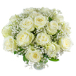 Creamy white roses unfold like soft lanterns in this carefully composed arrangement, their layered petals forming satin spirals that catch gentle morning light. Fine sprays of baby's breath - gypsophila - float between the roses like lacy clouds, creating an airy halo that softens the composition and invites the senses to linger. The foliage beneath provides a cool, muted green backdrop, leaves subtly veined and trimmed to support each bloom without stealing the show, so the eye travels from one generous rose to the next. The bouquet sits in a simple clear glass vase, stems neatly arranged and visible through the water; the overall silhouette feels balanced and calm, as if a hand has angled every stem to hold a collective breath. There is a faint, powdery scent of petals and honeyed vanilla that reads as comforting rather than overpowering, making this arrangement well suited for moments of reflection, sympathy, or quiet celebration. Visually it reads like an invitation to pause - the contrast between the dense, velvety roses and the ethereal gypsophila creates a sense of weightless grace. As a florist who knows New Barnet's quieter corners, I picture this bouquet resting on a low table in a Victoria Recreation Ground-facing flat or arriving gently at a family home off Station Road, conveying solace or understated joy. The craftsmanship is discreet but exacting: no flourish overrides the simple message that beauty, when pared back to its essentials, can feel both timeless and tender.