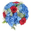 Seen from directly above against a clean white backdrop, this circular, hand-tied bouquet is an immediately vivid study in red, white and blue. A dense cushion of cloud-like blue hydrangea heads forms the full, domed base; each floret catches the light with subtle gradations from pale sky blue at the petal edges to a deeper, near-sapphire tone toward the centres, giving the grouping a plush, almost textile softness. Nestled into this blue sea are three prominent red roses, their petals tightly furled into classic, velvety spirals that read as bold punctuation points within the composition. Scattered between the larger blooms, tiny clusters of baby's breath (Gypsophila) appear like falling confetti-crisp white pinpricks that lift the weight of the arrangement with delicate airiness. Muted, rounded eucalyptus leaves and a few sharper green sprigs are worked through the bouquet to provide sculptural rhythm and a cool, silvery-green contrast against the intense colours; their matte texture balances the flowers' slight sheen. The lighting is even and soft, the top-down view emphasizing the bouquet's careful radial symmetry and tightly packed craftsmanship. The overall impression is celebratory yet composed-suitable as a striking table centrepiece, a commemorative tribute for Remembrance events, or a patriotic display for local festivals near New Barnet station and Brunswick Park. A tactile mix of velvet, cloud-like petals and feathery fillers, this arrangement reads as both luxurious and approachable; it suggests steady workmanship and the quiet confidence of a florist who understands how to marry colour, texture and scent to create an evocative, balanced statement piece for the New Barnet community.