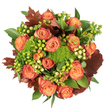 Seen from directly above on a crisp white background, this hand-arranged autumn bouquet unfolds like a warm, sunset medallion. At its heart are abundant roses in a gentle coral-orange - petals that graduate from a soft peach at the centre to richer coral and burnt-orange at the edges, some outer petals carrying a reddish-rust wash that reads like the first leaf-turns of the season. Scattered among the roses are plump clusters of Hypericum berries in lively lime green and pale creamy yellow, their glossy beads catching light like tiny lanterns. Punctuating the softer blooms are clusters of green, moss-like Green Trick dianthus that add a velvety, tactile contrast, like cushions of fresh moss gathered from a woodland floor. Interspersed throughout are broad, glossy green leaves that lift and frame the composition, while larger lobed leaves in deep burgundy and russet - reminiscent of fallen maple or oak - introduce a rustic, grounding note. The overall texture is lush and layered: velvety rose petals, the firm pop of berries, and the soft, almost furry feel of the dianthus. Under soft, diffuse daylight the colours glow warmly and cast subtle shadows that give depth without harshness. The scent is faintly floral with an earthy, leafy undertone, conjuring the comforting atmosphere of an autumn walk through Brunswick Park or Hadley Green. This arrangement reads as a thoughtful seasonal centrepiece - ideal for a Thanksgiving table, an autumn birthday, or as a heartfelt gift to bring warmth and homey comfort to someone in New Barnet.