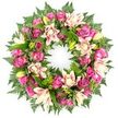 A lavish circular wreath of sympathy flowers is shown in full detail against a clean white background, as though resting briefly in a quiet New Barnet florist's studio before being taken to a local funeral or remembrance service. The wreath is completely covered with blooms and foliage, forming a dense, unbroken ring that symbolises continuity, love, and memory. Throughout the design, roses in striking shades of fuchsia, magenta, and soft pink create focal clusters of colour. Their petals curl and overlap in intricate spirals, some roses still in tight bud form, others partly open, and many fully bloomed, each stage adding texture and depth. Intermixed with these are generous double lilies whose multi-layered petals unfold in soothing tones of creamy white, blush pink, and gentle peach, some showing delicate touches of deeper pink along the edges. A few lime-tinged lily buds stand upright among the open flowers, suggesting freshness and the passage of time. All of this is cradled by an abundant bed of rich green foliage. Fine, airy fern fronds form a soft, feather-like border along the outer ring, while glossy leaves of various shapes and sizes weave in and around the blossoms, creating contrast and a sense of natural woodland calm. The stark white background isolates every detail, making the vivid colours and intricate textures clearly visible. The wreath carries a mood of quiet reverence and heartfelt condolence, the sort of floral tribute that might be chosen for a farewell gathering at a New Barnet church, cemetery, or family home, offering comfort and dignity in a time of grief.