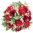 Against a pure white backdrop, a rounded, hand-tied bouquet of red blooms fills the frame, viewed from above so that the viewer sees a complete circle of colour and texture, each element carefully placed. Deep red roses anchor the design, their velvety petals layered into tight, spiralling hearts that draw the gaze inward and convey a rich, romantic intensity. Between these classic blooms, red carnations crowd together, their frilled petals creating a plush, almost feathery surface that suggests both abundance and comfort. Some flowers are fully open in lavish display, while others still hold a little of their shape, adding a subtle sense of progression and life.   

Threaded through the red is a fine lacework of white baby's breath, each spray carrying dozens of tiny white blossoms that hover delicately over slender green stems. These gypsophila accents lighten the entire arrangement, softening the dominance of red and giving the bouquet a gently luminous quality, akin to scattered sunlight along a quiet walk from New Barnet Station towards nearby tree-lined avenues. Surrounding and supporting the blooms are cool grey-green eucalyptus leaves, instantly recognisable by their rounded, almost coin-like forms and slightly waxy surface, contrasted with the deeper green, more traditional leaves from rose stems and filler foliage. This blend of greens adds depth, structure, and an imagined hint of fresh, calming fragrance.   

With nothing to compete for attention in the background, every petal, leaf, and sprig stands out, highlighting the expert symmetry and fullness of the arrangement. It feels like a bouquet ready to be delivered for a cherished anniversary, a bold declaration of love, or an elegant celebration in a New Barnet home, carrying with it both passion and thoughtful care.