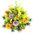 A lush, mounded bouquet sits against a clean white background, every blossom arranged to show off its colour and texture. Dominant golden-yellow Asiatic lilies lift tall from the centre, some petals fully open to reveal freckled throats and slender stamens, others tucked into elongated chartreuse buds that point skyward and add graceful verticality. Soft lavender-purple roses are gently nestled in the middle, their spiralled petals offering a cool, romantic counterpoint to the sunlit yellows. Bright, flat-faced orange Gerbera daisies punctuate the composition with bold round faces and darker central discs, while clusters of lime-green button chrysanthemums or similar pom-pom blooms fill the spaces with a ruffled, moss-like density. Scattered throughout are small, globe-shaped orange and golden yellow accents-spiky, cheerful little orbs that bring playful texture-and several steely blue-grey sea thistles (Eryngium) push outwards from the lower edges to introduce a crisp, architectural contrast. A variety of glossy and matte green foliage-broad lily leaves, smaller filler greens and tendrils-creates depth, softens transitions, and frames the overall form. Under soft, natural light the arrangement reads as both joyful and sophisticated: you can almost sense a faint, sweet lily perfume threaded with tea-rose notes. This bouquet feels right for brightening a New Barnet sitting room, marking a birthday on Station Road, or offering congratulations after a local graduation. Its balanced colour story-warm yellows and oranges tempered by lavender and cool blue-makes it equally suited to celebratory centrepieces or thoughtful get-well wishes, crafted with the attentive hand of a neighbourhood florist familiar with local deliveries around Hadley Green.