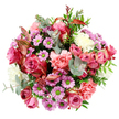 In this top-down image, a generous, circular bouquet appears almost like a floral tapestry laid out on a crisp white canvas, every bloom visible as if spread on a workbench in a New Barnet flower shop. At the heart of the arrangement, large roses in deep fuchsia and soft blush pink are fully open, their layered petals sometimes tipped with cream, suggesting both richness and tenderness. Surrounding them, peach-pink carnations with finely frilled petals add a soft, cloud-like texture, giving the bouquet a welcoming, tactile quality. Sprinkled throughout are clusters of small, daisy-like chrysanthemums in shades of lavender and mauve, each with a bright lime-green centre that pops vividly, injecting a cheerful spark that calls to mind early spring days in local spots like Victoria Park. Creamy white blossoms are tucked between the colours, providing luminous highlights and ensuring the composition never feels heavy. The greenery is varied and deliberate: round eucalyptus leaves in a silvery green wind gently through the flowers, introducing a cool undertone, while darker, more traditional foliage shapes the outline and adds depth. Slender, reddish-pink variegated leaves peek out at angles, their unusual tones mirroring the bolder roses and giving a subtle designer edge. The lighting is soft and even, enhancing natural hues and textures without harsh shadows, so each flower looks fresh and full of life. It's the kind of bouquet you can imagine being delivered to a townhouse near New Barnet station or a quiet home in Arkley, an uplifting gift for birthdays, thank-yous, or simply saying, I'm thinking of you, with a graceful mix of pinks, purples, and greens.